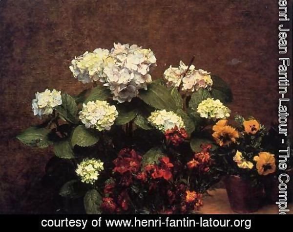 Ignace Henri Jean Fantin-Latour - Hydrangias, Cloves and Two Pots of Pansies