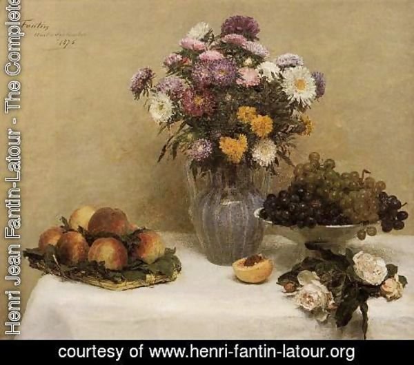 Ignace Henri Jean Fantin-Latour - White Roses, Chrysanthemums in a Vase, Peaches and Grapes on a Table with a White Tablecloth