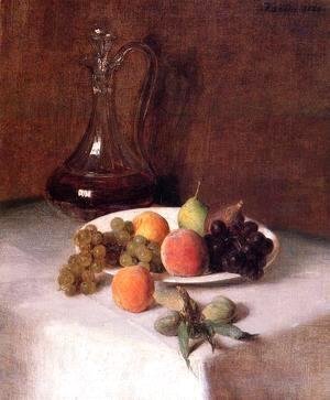 Ignace Henri Jean Fantin-Latour - A Carafe of Wine and Plate of Fruit on a White Tablecloth