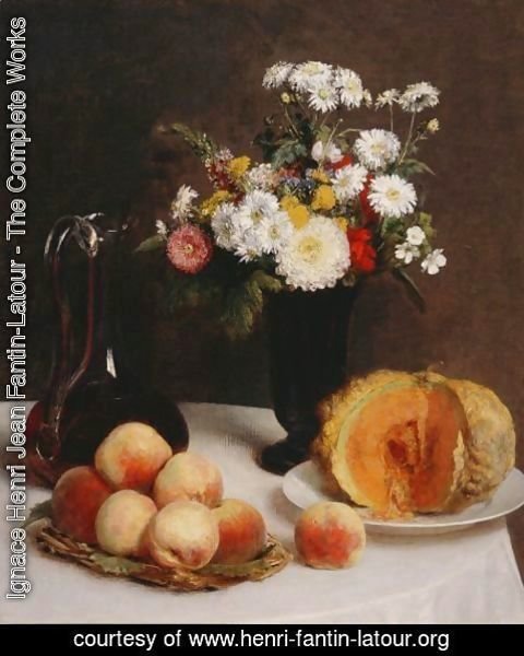 Ignace Henri Jean Fantin-Latour - Still Life with a Carafe, Flowers and Fruit