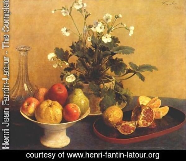 Ignace Henri Jean Fantin-Latour - Still life. Flowers, Bowl of Fruit and Pitcher
