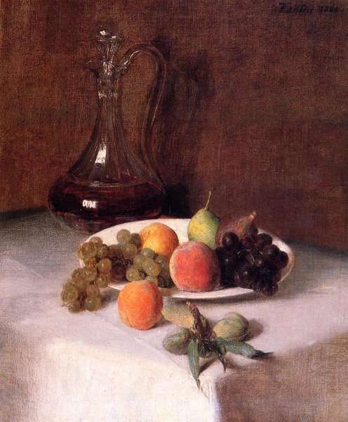 A Carafe of Wine and Plate of Fruit on a White Tablecloth by Ignace Henri Jean Fantin-Latour