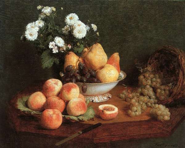 Flowers & Fruit on a Table 1865 by Ignace Henri Jean Fantin-Latour