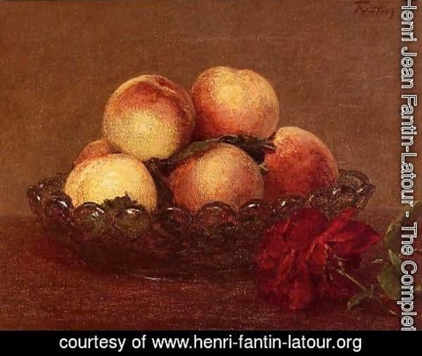 Ignace Henri Jean Fantin-Latour - Nature Morte: Peches dans une coupe de verre, une rose fonces avec des feuilles a droite