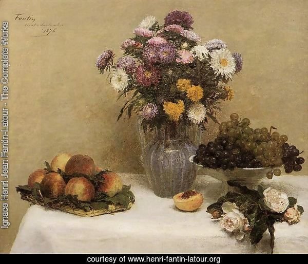 White Roses, Chrysanthemums in a Vase, Peaches and Grapes on a Table with a White Tablecloth
