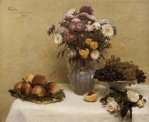 Ignace Henri Jean Fantin-Latour - White Roses, Chrysanthemums in a Vase, Peaches and Grapes on a Table with a White Tablecloth