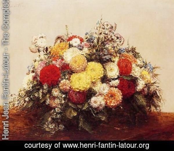 Ignace Henri Jean Fantin-Latour - Large Vase of Dahlias and Assorted Flowers
