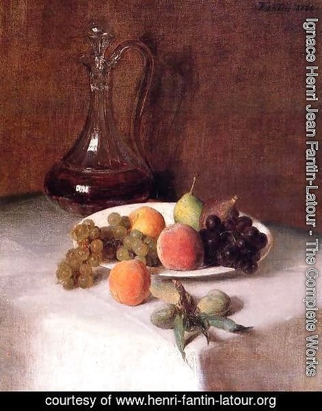 Ignace Henri Jean Fantin-Latour - A Carafe of Wine and Plate of Fruit on a White Tablecloth