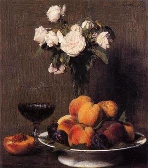 Ignace Henri Jean Fantin-Latour - Still Life with Roses, Fruit and a Glass of Wine