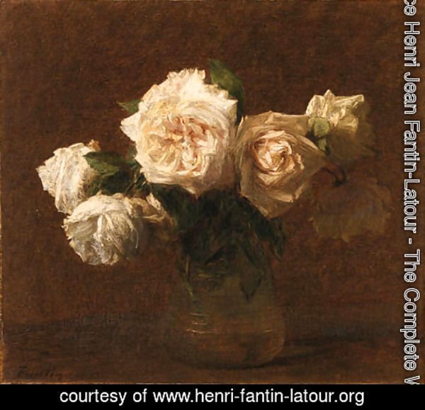 Ignace Henri Jean Fantin-Latour - Six roses jaunes dans un vase en verre