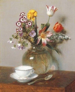 Ignace Henri Jean Fantin-Latour - Vase de fleurs avec une tasse de cafe