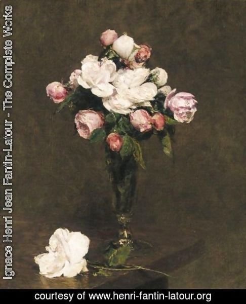 Ignace Henri Jean Fantin-Latour - Roses Blanches Et Roses Dans Un Verre A Pied