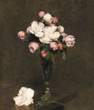 Ignace Henri Jean Fantin-Latour - Roses Blanches Et Roses Dans Un Verre A Pied