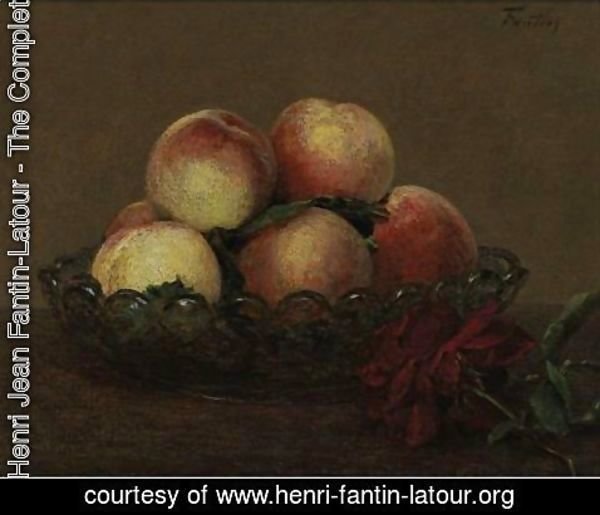 Ignace Henri Jean Fantin-Latour - Nature Morte (Peches Dans Une Coupe De Verre, Une Rose Rouge Foncee Avec Feuilles A Droite)